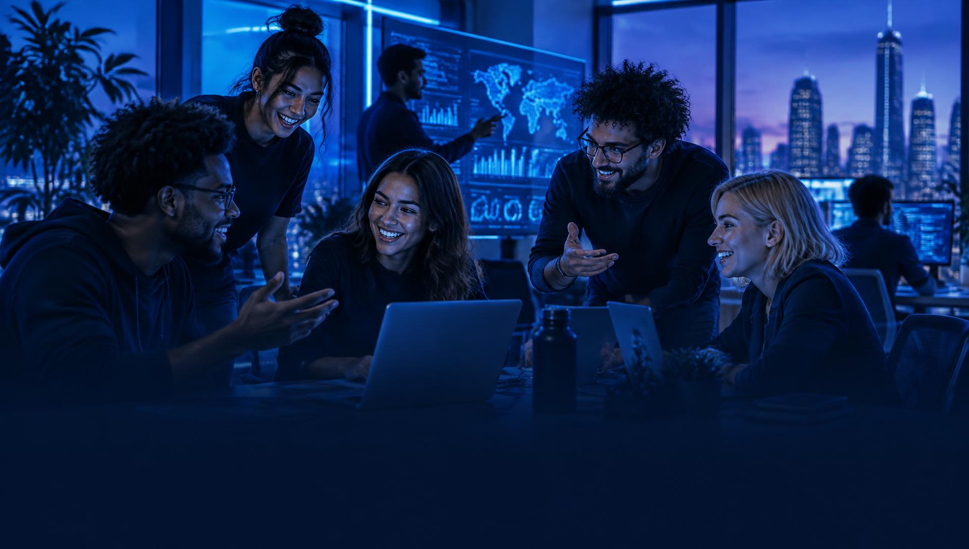A young team collaborating over laptops in a blue-lit modern office