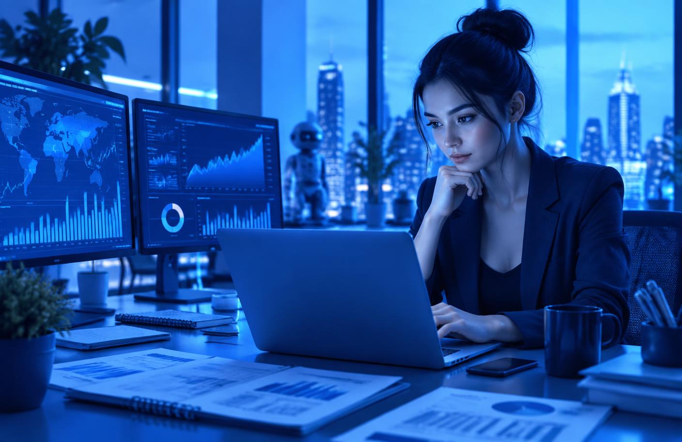 A professional reviewing financial dashboards in a modern workspace